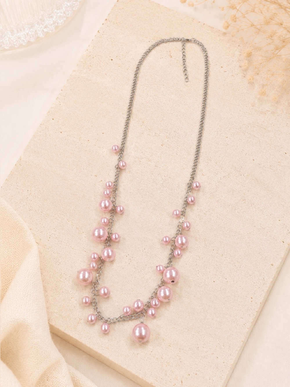 Statement 32 inch silver Elegant Pink Pearl Drop Necklace feminine preppy gift